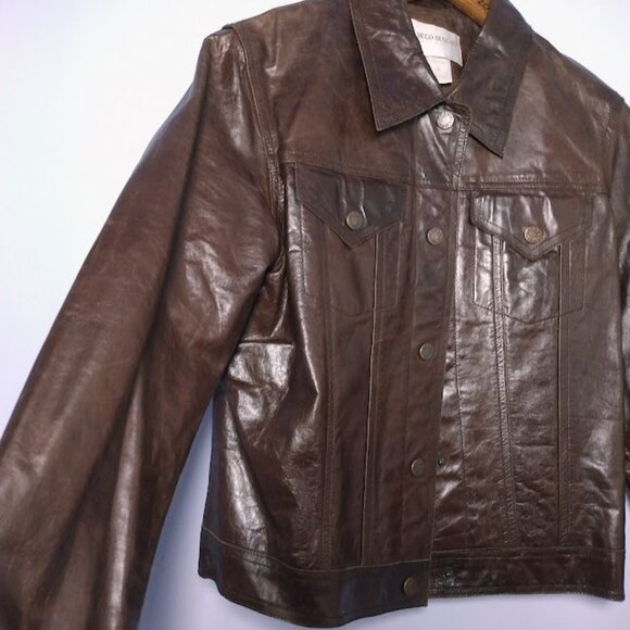 Hugo Buscati Leather Trucker Jacket Vintage Retro 70s Sz Med* Brown Snaps Lined - Picture 2 of 16